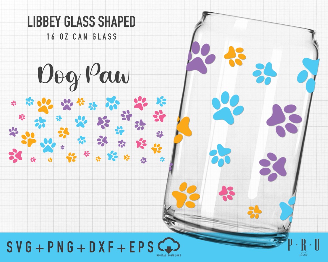 Dog Paw Full Wrap Libbey Glass Shaped 16 OZ Can Glass Svg Etsy