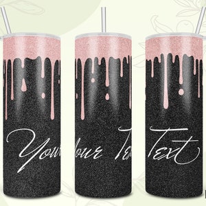 Design a sublimazione del tumbler skinny da 20 Oz di glitter Rose Gold che gocciola su glitter nero / Download digitale per tumbler dritto e affusolato.