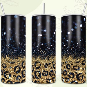 20 Oz Skinny tumbler sublimation design of black and gold glitter with leopard print | Digital Download For Straight And Tapered Tumbler.