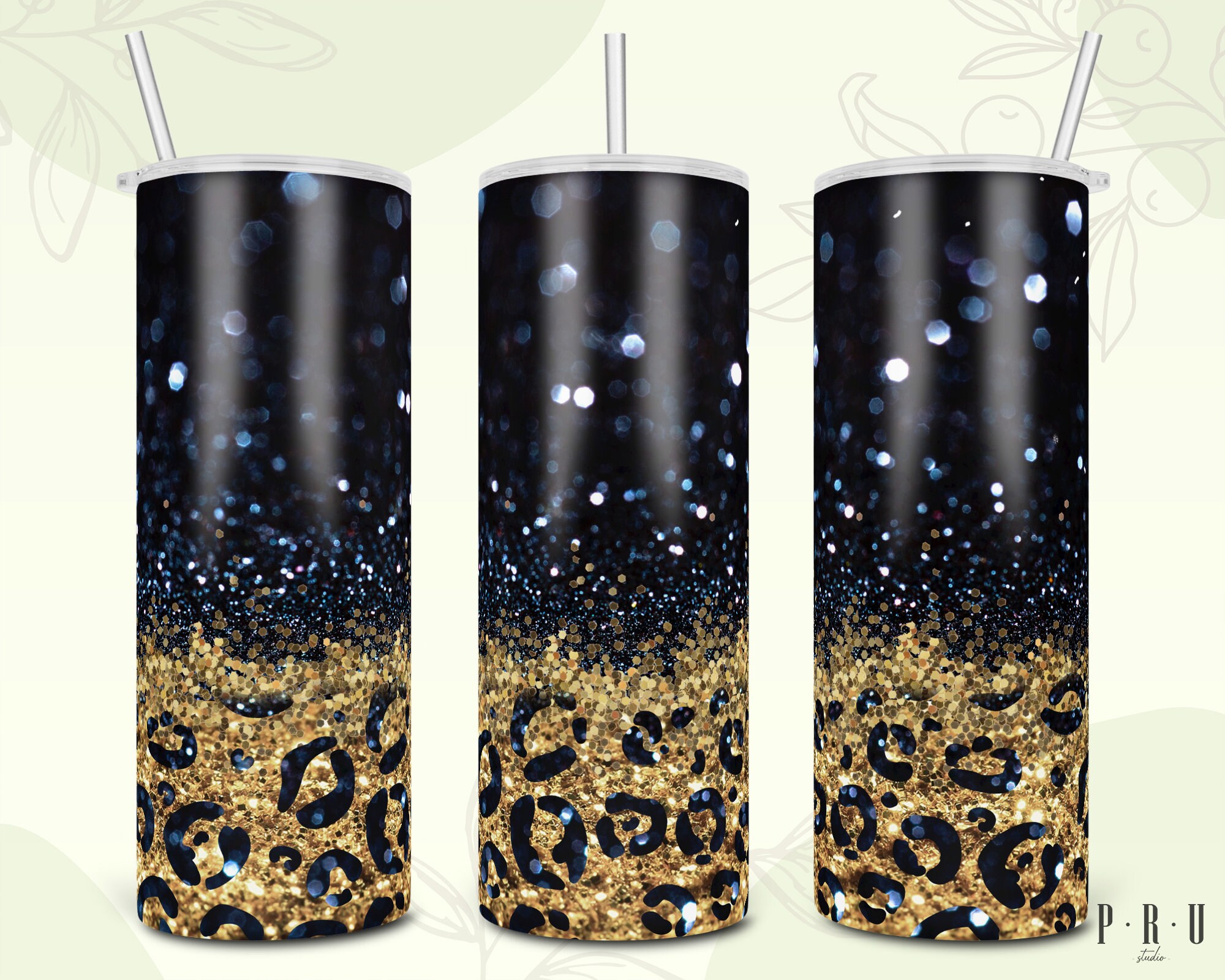 20 Oz Skinny Tumbler Sublimation Design of Black and Gold Glitter With ...