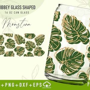 Monstera Full wrap Libbey Glass Shaped 16 OZ Can glass svg | Libbey Glass Svg | Can Glass Svg | Monstera Can Glass Digital download.