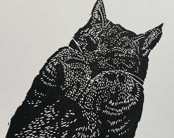 Fred the cat | original hand printed lino cut in black ink | hand made linocut blockprint art for cat lovers by Megan Abel