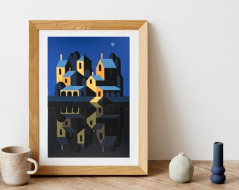 Riaucourt canal village at night | Orange and blue lino print | multicolour reduction block printing | LIMITED EDITION Hand printed wall art