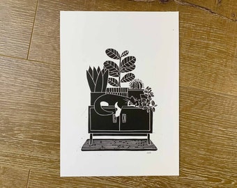 Quarantine Cat print | Sleeping funny kitty and plants Linocut block | Black and white art gift for cat lovers | Hand printed by Megan Abel