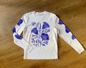 Handprinted California Poppy Long Sleeve T-Shirt Top | Lino Cut print | Designed & Printed by Megan Abel