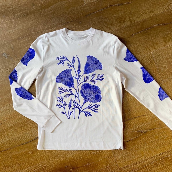 Handprinted California Poppy Long Sleeve T-Shirt Top | Lino Cut print | Designed & Printed by Megan Abel