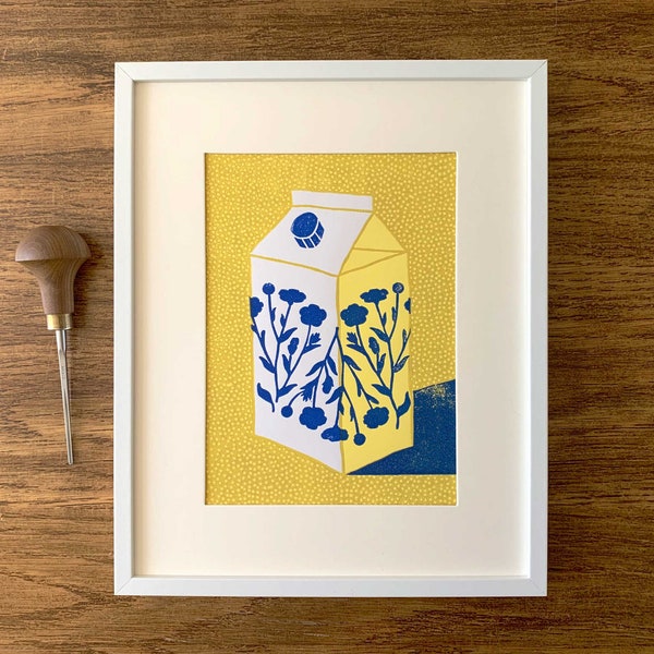 Floral Tetra yellow and blue lino print | Linocut block printing | Dotwork botanical art | LIMITED EDITION Hand printed by Megan Abel