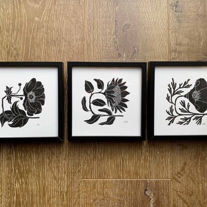 Set of 3 prints Sunflower, California Poppy, Anemone | Linocut block | black and white art for flower lovers | Hand printed by Megan Abel