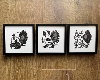 Set of 3 prints Sunflower, California Poppy, Anemone | Linocut block | black and white art for flower lovers | Hand printed by Megan Abel