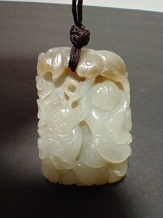 Chinese White Jade Pendant Two Immortals