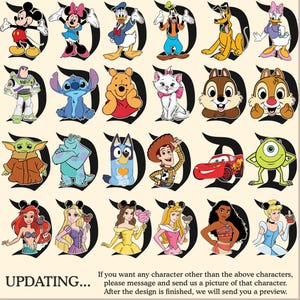 以下が含まれることがあります： 24 人のディズニーキャラクターのイラストがグリッド状に並んでいます。各キャラクターは、スタイリッシュな「D」の形で描かれています。キャラクターには、ミッキーマウス、ミニーマウス、ドナルドダック、グーフィー、プルート、スティッチ、くまのプーさん、アリエル、ベル、シンデレラ、モアナなどが含まれています。