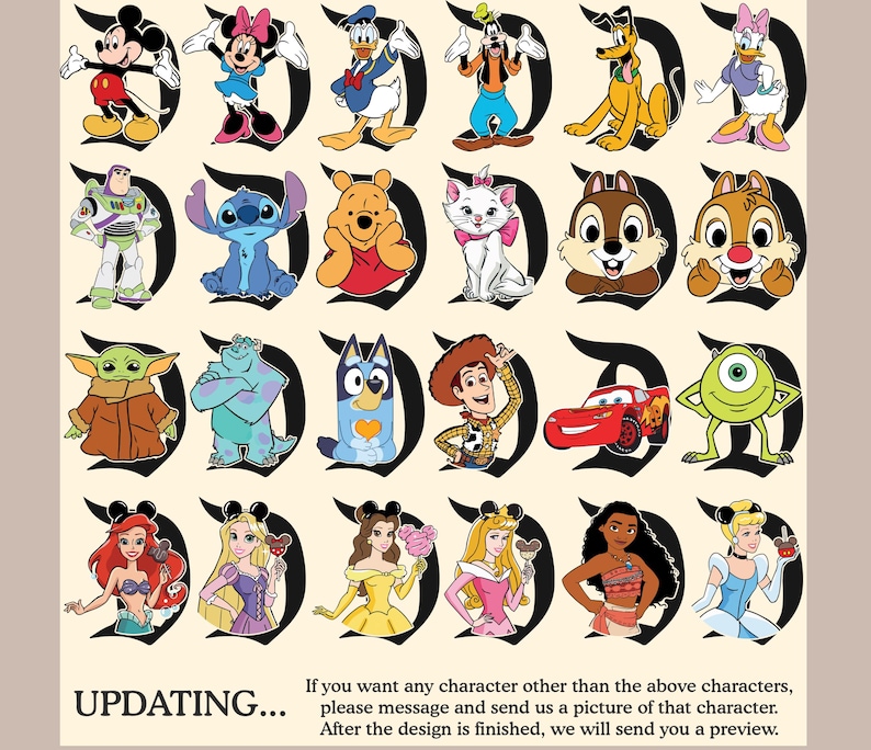以下が含まれることがあります： 24 人のディズニーキャラクターのイラストがグリッド状に並んでいます。各キャラクターは、スタイリッシュな「D」の形で描かれています。キャラクターには、ミッキーマウス、ミニーマウス、ドナルドダック、グーフィー、プルート、スティッチ、くまのプーさん、アリエル、ベル、シンデレラ、モアナなどが含まれています。