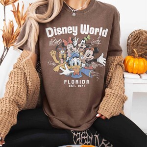May include: Brown t-shirt featuring the words "Disney World" and a graphic of Disney characters including Mickey Mouse, Minnie Mouse, Donald Duck, and Goofy. The text "Florida Est. 1971" is also printed on the shirt.