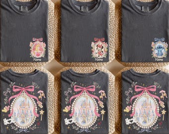 Custom Retro Coquette Bow Disney Castle Shirt, Personalized Disney Characters Shirt, Disney Family Trip Shirt, Disney Matching Tee, WDW Trip