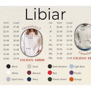 May include: Image showing size charts for Gildan 18000 sweatshirts and Gildan 18500 hoodies. The charts list sizes S-5XL with width and length measurements in inches. Color options include black, white, sport grey, sand, maroon, and navy.