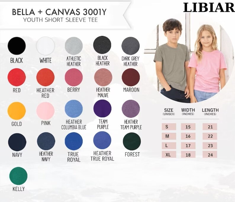 Pu&ograve; includere: Una cartella colori che mostra diversi colori di magliette a maniche corte per ragazzi. La cartella include 14 colori, tra cui nero, bianco, rosso, oro, blu navy, verde kelly e varie tonalit&agrave; di melange. La cartella include anche una tabella delle taglie con le taglie S, M, L e XL, con le misure di larghezza e lunghezza corrispondenti in pollici.
