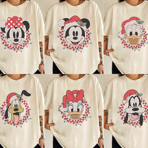 Camiseta navideña retro a cuadros de Mickey y sus amigos, camiseta navideña muy feliz, camiseta navideña de Disney, regalo navideño, camiseta familiar navideña