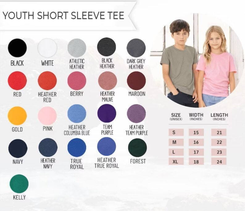 May include: A product image showcasing a youth short sleeve tee. The image displays a color chart with options like black, white, red, gold, navy, and more. Size, width, and length measurements are provided in inches. Two children model the tee.