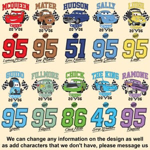 Pu&ograve; includere: Un design grafico colorato con personaggi del film Cars della Disney Pixar. Il design include immagini di Saetta McQueen, Cricchetto, Doc Hudson, Sally Carrera, Luigi, Guido, Fillmore, Chick Hicks, Strip Weathers e Ramone. Ogni personaggio &egrave; raffigurato con il suo design di auto caratteristico e il suo numero di gara. Il design include anche il testo "Cars" e "2006".