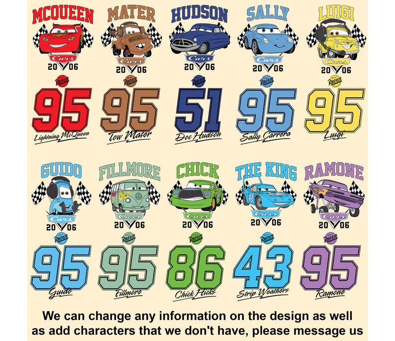 Pu&ograve; includere: Un design grafico colorato con personaggi del film Cars della Disney Pixar. Il design include immagini di Saetta McQueen, Cricchetto, Doc Hudson, Sally Carrera, Luigi, Guido, Fillmore, Chick Hicks, Strip Weathers e Ramone. Ogni personaggio &egrave; raffigurato con il suo design di auto caratteristico e il suo numero di gara. Il design include anche il testo "Cars" e "2006".