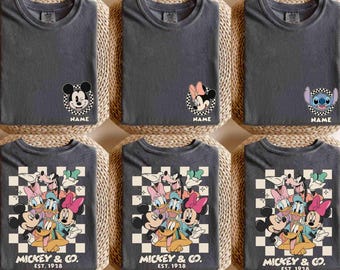 Custom Name Checkered Disney Characters Mickey & CO Shirt, Disney Family Trip Shirt, Mickey CO Shirt, Disney 2026 Tee, Disney Matching Tee