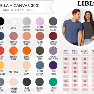 Pu&ograve; includere: Un grafico che mostra le opzioni di colore e la tabella delle taglie della t-shirt in jersey unisex Bella + Canvas 3001. Il grafico mostra 24 diverse opzioni di colore per la t-shirt, tra cui nero, bianco, blu navy melange, malva melange, tramonto melange, argilla melange, cardinale melange, rosso melange, arancione melange, arancione bruciato, verde militare, viola di squadra melange, oro giallo melange, rosa tenue, crema morbida, blu teal profondo melange, viola di squadra, blu profondo melange, pesca melange, nero melange, bosco melange, kelly melange. La tabella delle taglie mostra la taglia, la larghezza, la lunghezza e le misure del torace in pollici per le taglie XS a 4XL.