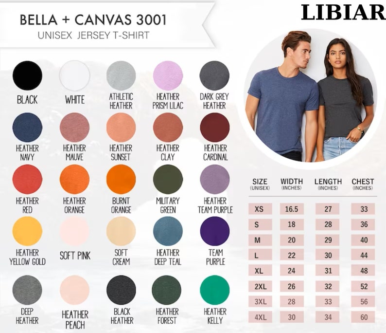 Pu&ograve; includere: Un grafico che mostra le opzioni di colore e la tabella delle taglie della t-shirt in jersey unisex Bella + Canvas 3001. Il grafico mostra 24 diverse opzioni di colore per la t-shirt, tra cui nero, bianco, blu navy melange, malva melange, tramonto melange, argilla melange, cardinale melange, rosso melange, arancione melange, arancione bruciato, verde militare, viola di squadra melange, oro giallo melange, rosa tenue, crema morbida, blu teal profondo melange, viola di squadra, blu profondo melange, pesca melange, nero melange, bosco melange, kelly melange. La tabella delle taglie mostra la taglia, la larghezza, la lunghezza e le misure del torace in pollici per le taglie XS a 4XL.