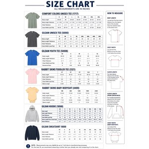 May include: A comprehensive size chart for various apparel items including Comfort Colors unisex tees, Gildan unisex tees, youth tees, Rabbit Skins toddler tees, baby bodysuits, hoodies, and sweatshirts, with detailed measurement tables in inches.