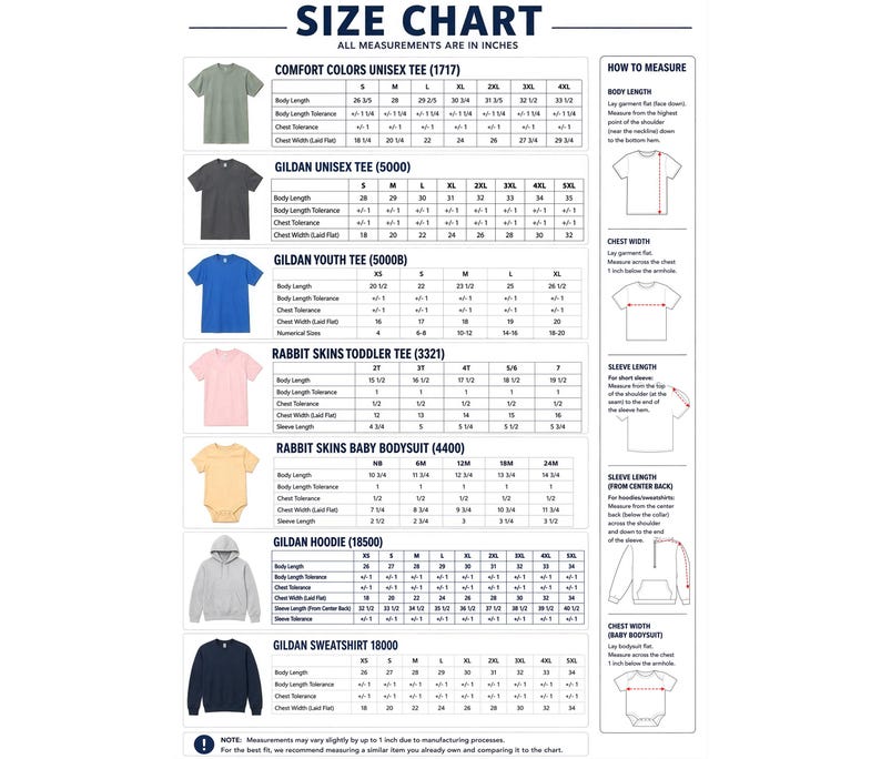 May include: A comprehensive size chart for various apparel items including Comfort Colors unisex tees, Gildan unisex tees, youth tees, Rabbit Skins toddler tees, baby bodysuits, hoodies, and sweatshirts, with detailed measurement tables in inches.