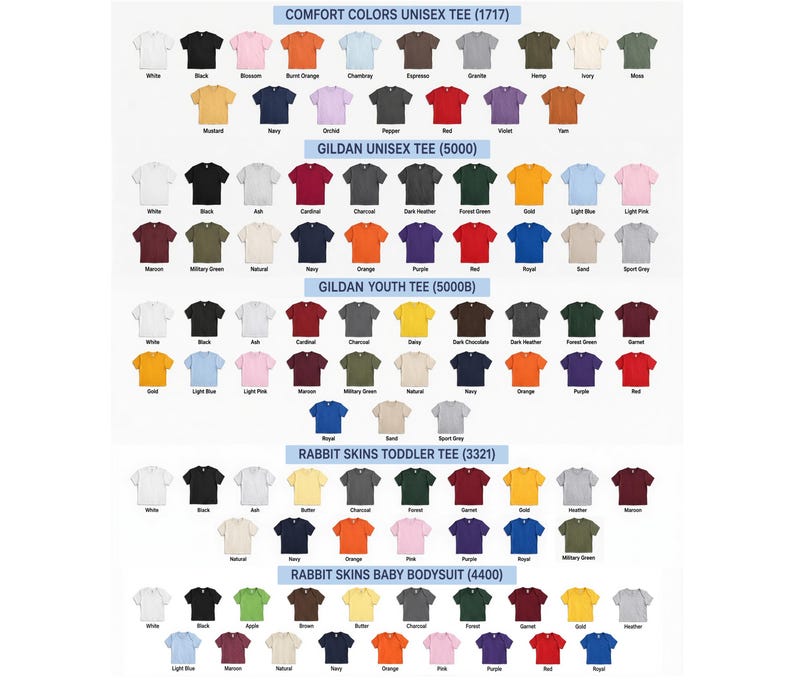 May include: A color chart displaying various t-shirt and bodysuit styles including Comfort Colors 1717, Gildan 5000, Gildan 5000B, Rabbit Skins 3321, and Rabbit Skins 4400. Each section features rows of short-sleeve shirts in diverse solid colors with labels.