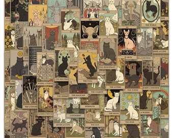 May include: A collection of tarot cards featuring illustrations of cats in various poses. The cards have a vintage aesthetic with a beige background and detailed drawings. Each card displays a different cat and a unique title.