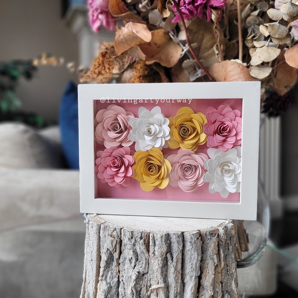 5x7 Pink Yellow Dream Mixed flower shadow box | Love | Paper flowers | Custom gift | Wedding | Flower frame | Forever flowers | Wall Art