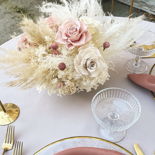 Sweetheart table floral arrangement dried flowers roses wedding centerpiece boho rustic wedding decor pampas grass dusty rose