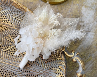 Boho ivory boutonniere for groom white dried flowers men wedding accessories boho beige pampas grass