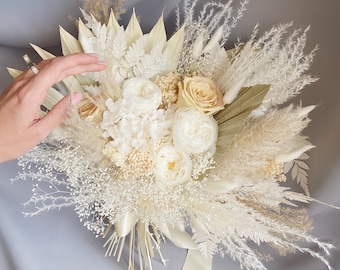 Boho wedding fluffy bouquet white cream ivory beige bride dried flowers bouquet roses peonies palm leaves bridesmaid bouquet baby's breath