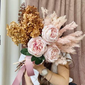 Rust wedding bouquet pink silk flowers bridal bouquet boho bouquet bridesmaid bouquet fake roses hydrangea dried flowers bouquet image 7