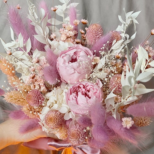 Boho Bridal Bouquet Pink Dried Flowers Flower Comb Wedding Etsy