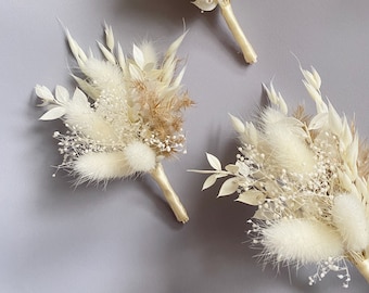 Gedroogde bloemen boutonniere boho wit beige taupe geconserveerde bruidegom accessoires voor mannen met pampas gras