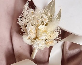 Dried flowers boutonniere boho white beige ivory preserved roses groom wedding accessories for men