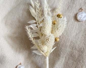 Getrocknete Blumen Boutonniere boho weiß beige taupe konserviert Bräutigam Accessoires für Männer Mini getrocknetes Bouquet