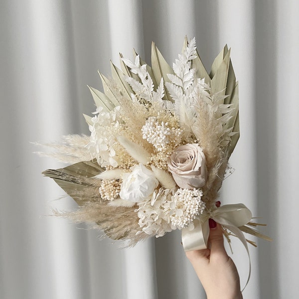 Boho bridesmaid bouquet wedding bouquet beige bridal bouquet dusty rose white blush dried flowers pampas grass fern preserved flowers