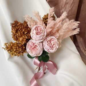 Rust wedding bouquet pink silk flowers bridal bouquet boho bouquet bridesmaid bouquet fake roses hydrangea dried flowers bouquet image 1