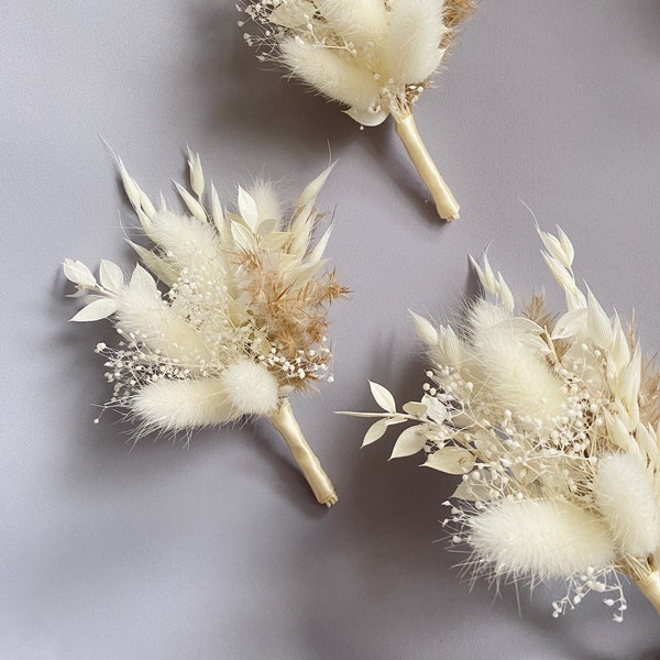 Dried flowers boutonniere boho white beige taupe preserved groom accessories for men with pampas grass