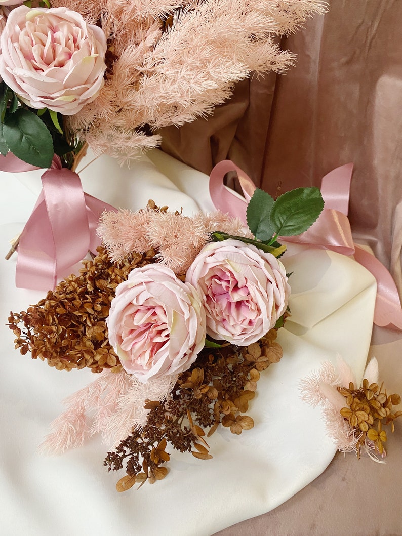 Rust wedding bouquet pink silk flowers bridal bouquet boho bouquet bridesmaid bouquet fake roses hydrangea dried flowers bouquet image 4