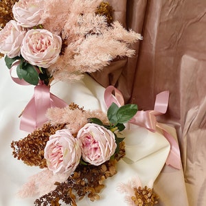 Rust wedding bouquet pink silk flowers bridal bouquet boho bouquet bridesmaid bouquet fake roses hydrangea dried flowers bouquet image 8