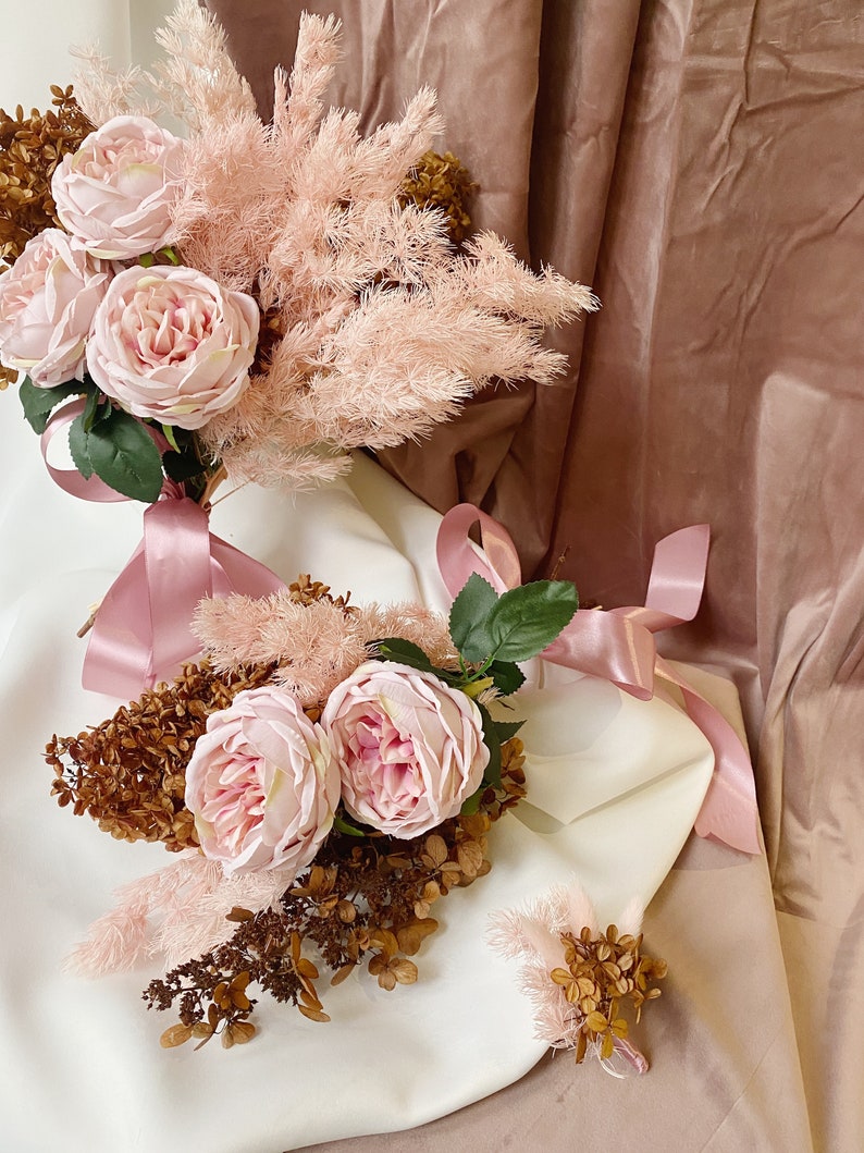 Rust wedding bouquet pink silk flowers bridal bouquet boho bouquet bridesmaid bouquet fake roses hydrangea dried flowers bouquet image 8