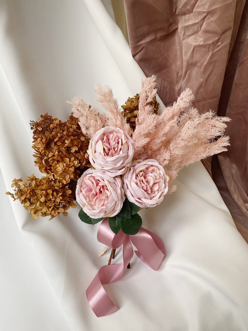 Rust wedding bouquet pink silk flowers bridal bouquet boho bouquet bridesmaid bouquet fake roses hydrangea dried flowers bouquet image 1