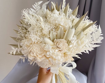 Boho bridal bouquet dried flower bouquet wedding bouquets wood flower bouquet Preserved Flowers bridesmaid bouquet white and beige sola