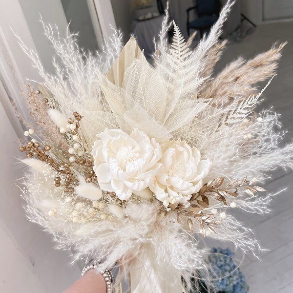 Boho wedding bouquet white and gold fluffy pampas grass bridal bouquet set