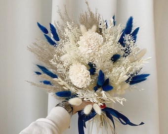 Boho mariage bouquet de mariée pampa herbe séchée fleur préservée bouquet bleu profond blanc taupe bleu marine bouquet de fleurs en bois bleu marine bouquet de demoiselle d’honneur